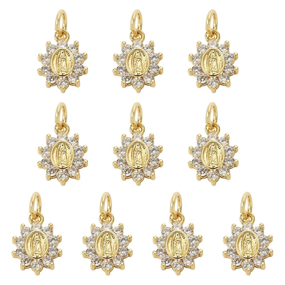 9580 10Pcs Cubic Zirconia Virgin Mary Charms 18K Gold Plated Brass Golden